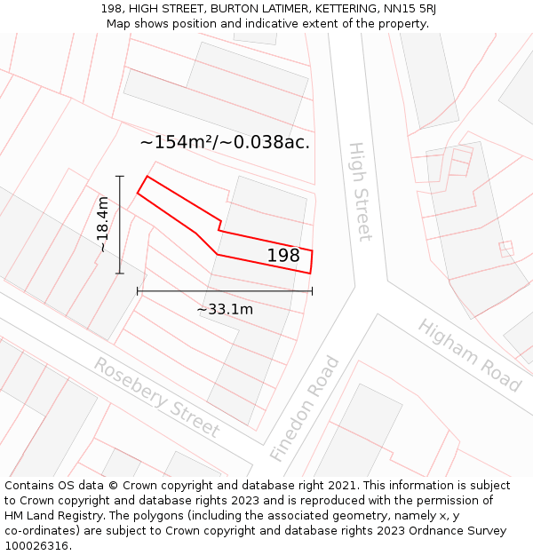 198, HIGH STREET, BURTON LATIMER, KETTERING, NN15 5RJ: Plot and title map