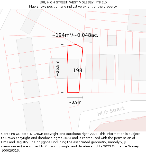 198, HIGH STREET, WEST MOLESEY, KT8 2LX: Plot and title map