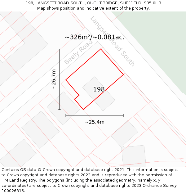 198, LANGSETT ROAD SOUTH, OUGHTIBRIDGE, SHEFFIELD, S35 0HB: Plot and title map