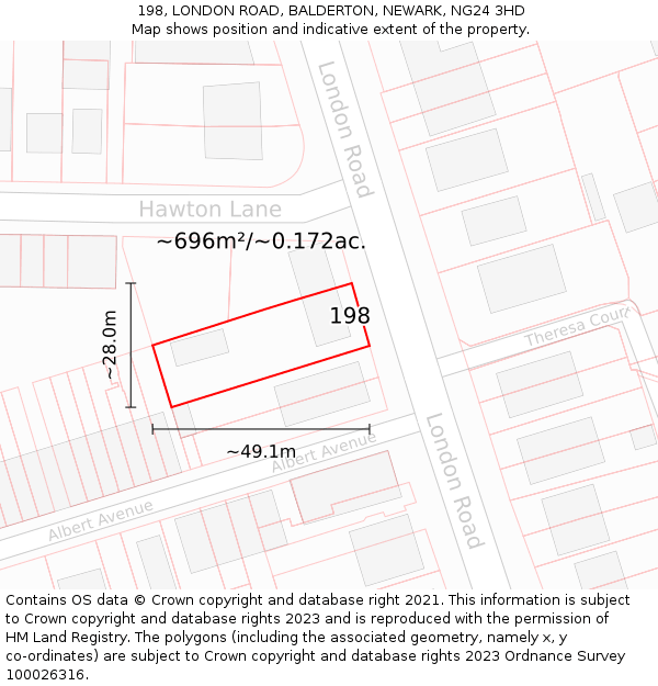 198, LONDON ROAD, BALDERTON, NEWARK, NG24 3HD: Plot and title map