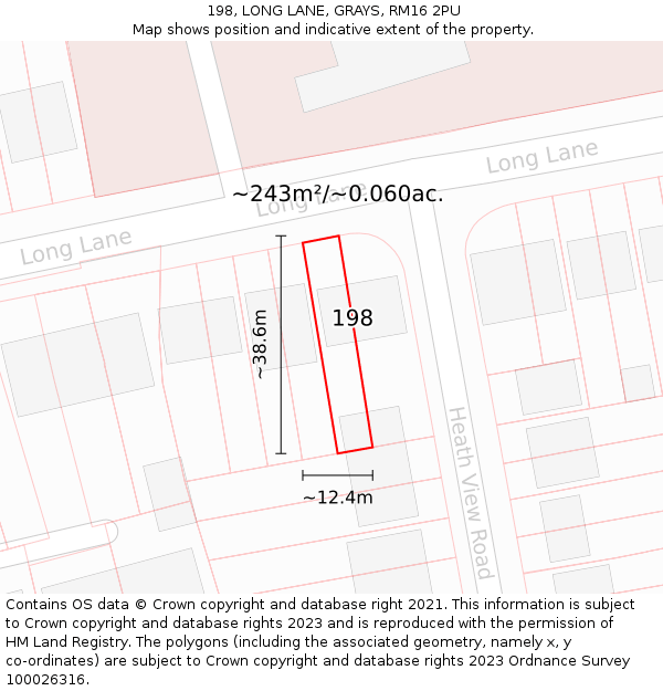 198, LONG LANE, GRAYS, RM16 2PU: Plot and title map