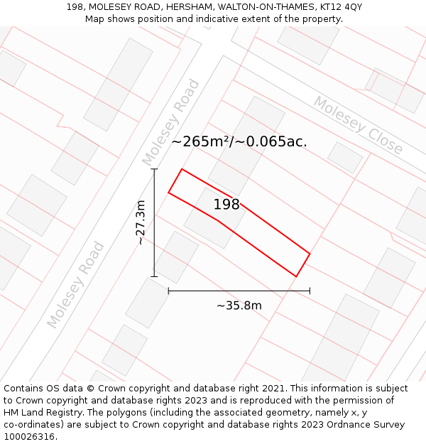 198, MOLESEY ROAD, HERSHAM, WALTON-ON-THAMES, KT12 4QY: Plot and title map