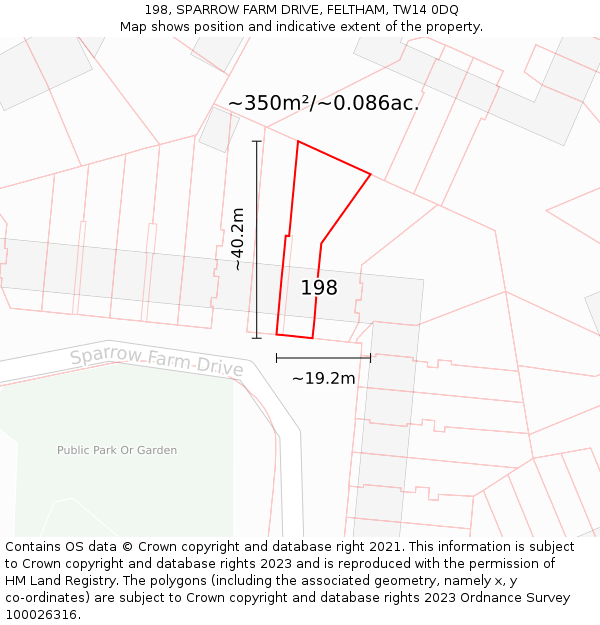 198, SPARROW FARM DRIVE, FELTHAM, TW14 0DQ: Plot and title map
