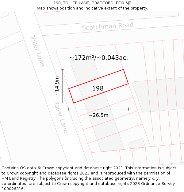198, TOLLER LANE, BRADFORD, BD9 5JB: Plot and title map