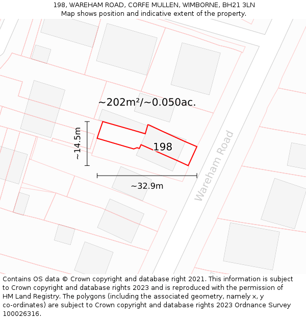 198, WAREHAM ROAD, CORFE MULLEN, WIMBORNE, BH21 3LN: Plot and title map