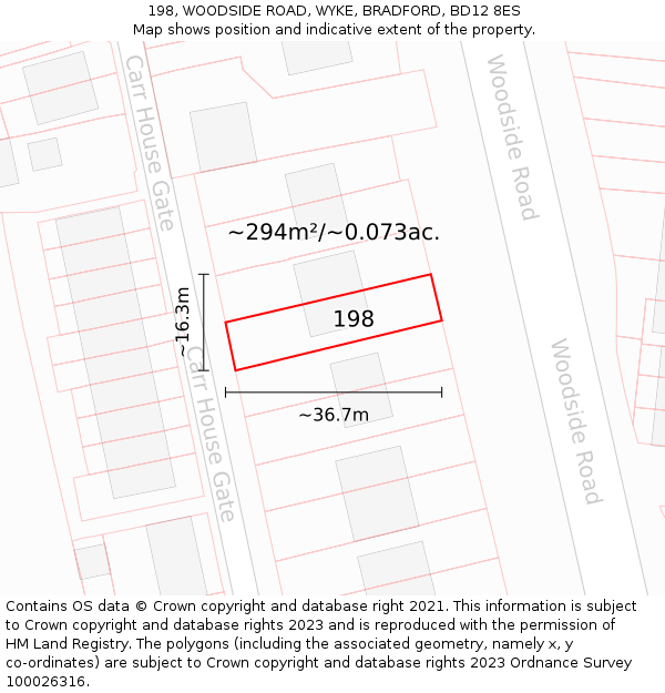 198, WOODSIDE ROAD, WYKE, BRADFORD, BD12 8ES: Plot and title map