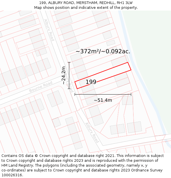 199, ALBURY ROAD, MERSTHAM, REDHILL, RH1 3LW: Plot and title map