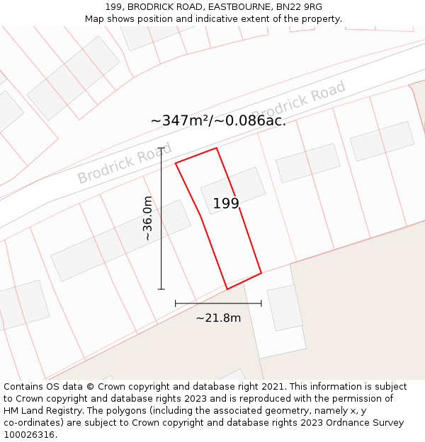 199, BRODRICK ROAD, EASTBOURNE, BN22 9RG: Plot and title map
