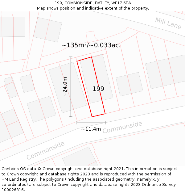 199, COMMONSIDE, BATLEY, WF17 6EA: Plot and title map