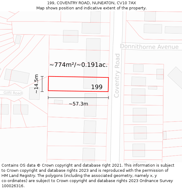 199, COVENTRY ROAD, NUNEATON, CV10 7AX: Plot and title map