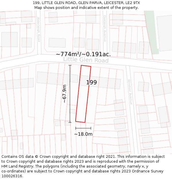 199, LITTLE GLEN ROAD, GLEN PARVA, LEICESTER, LE2 9TX: Plot and title map
