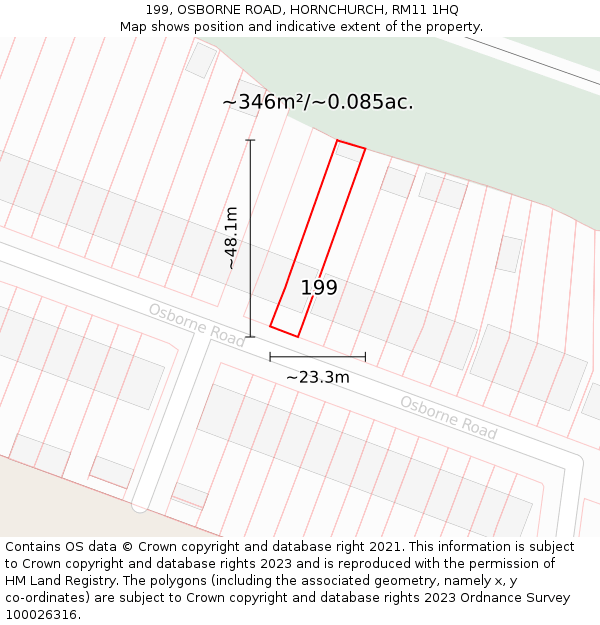 199, OSBORNE ROAD, HORNCHURCH, RM11 1HQ: Plot and title map