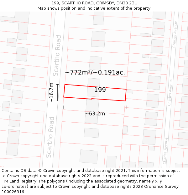 199, SCARTHO ROAD, GRIMSBY, DN33 2BU: Plot and title map