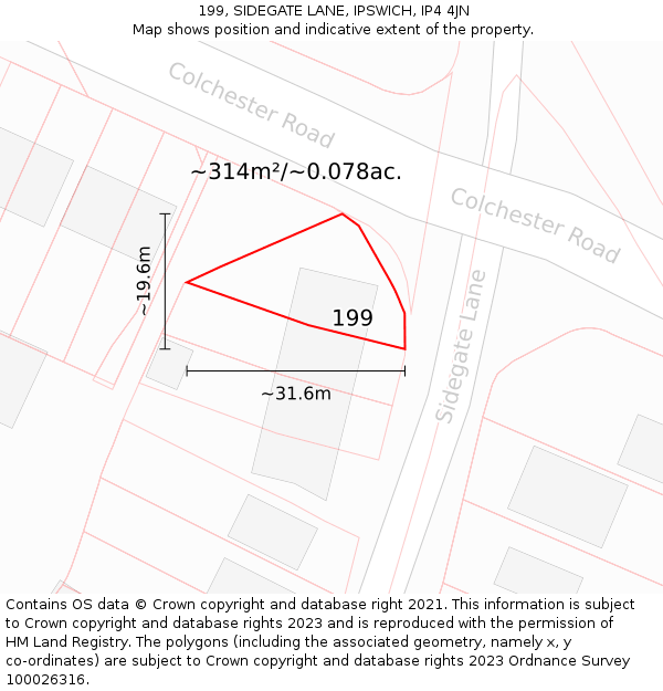 199, SIDEGATE LANE, IPSWICH, IP4 4JN: Plot and title map