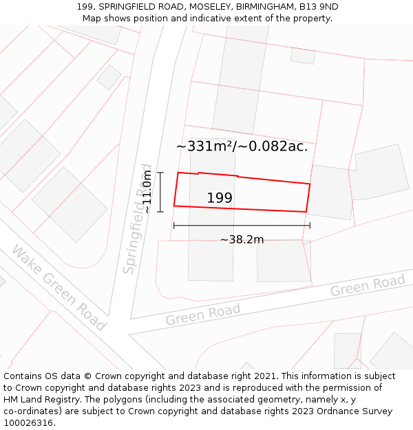 199, SPRINGFIELD ROAD, MOSELEY, BIRMINGHAM, B13 9ND: Plot and title map