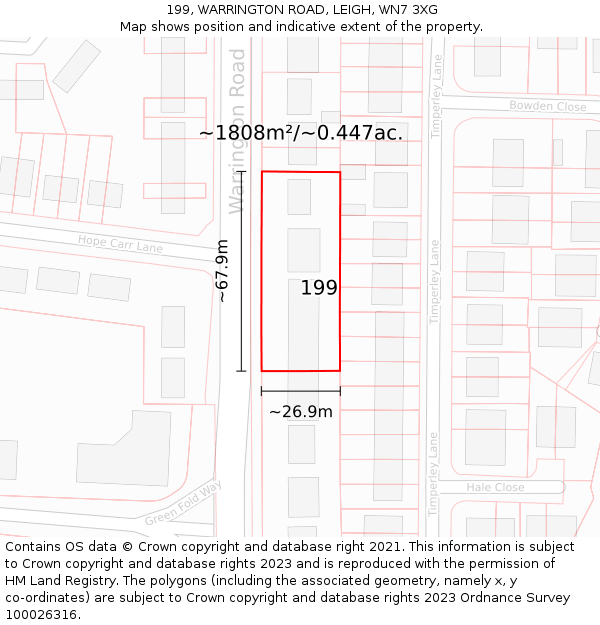 199, WARRINGTON ROAD, LEIGH, WN7 3XG: Plot and title map