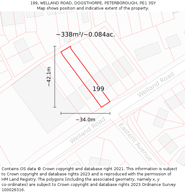 199, WELLAND ROAD, DOGSTHORPE, PETERBOROUGH, PE1 3SY: Plot and title map