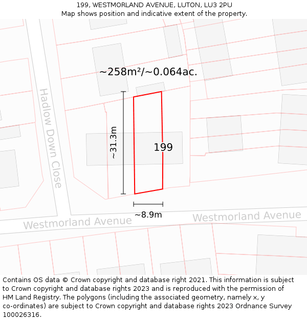 199, WESTMORLAND AVENUE, LUTON, LU3 2PU: Plot and title map