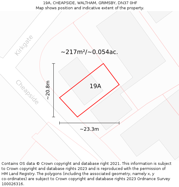 19A, CHEAPSIDE, WALTHAM, GRIMSBY, DN37 0HF: Plot and title map