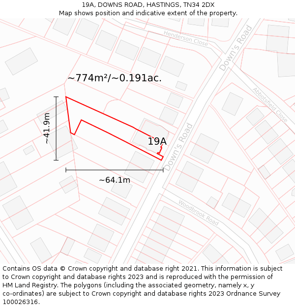 19A, DOWNS ROAD, HASTINGS, TN34 2DX: Plot and title map
