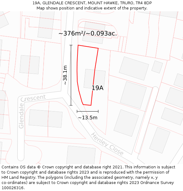 19A, GLENDALE CRESCENT, MOUNT HAWKE, TRURO, TR4 8DP: Plot and title map