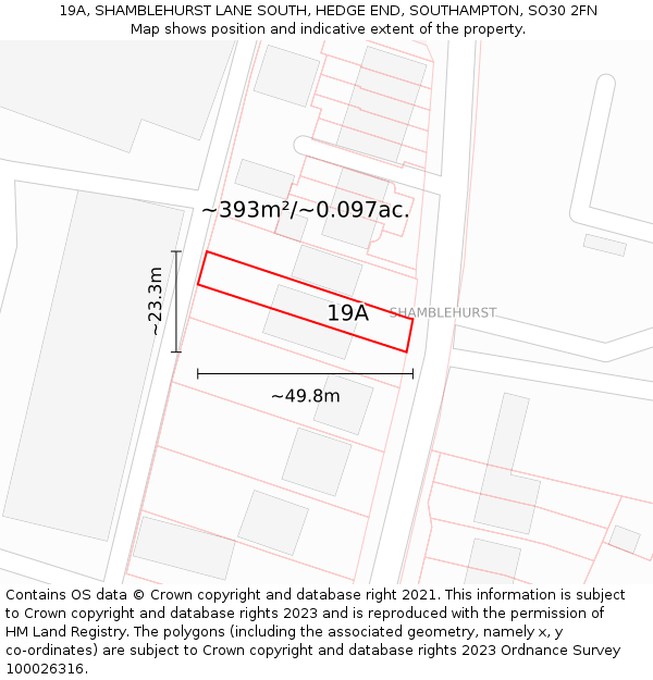 19A, SHAMBLEHURST LANE SOUTH, HEDGE END, SOUTHAMPTON, SO30 2FN: Plot and title map