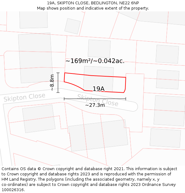 19A, SKIPTON CLOSE, BEDLINGTON, NE22 6NP: Plot and title map