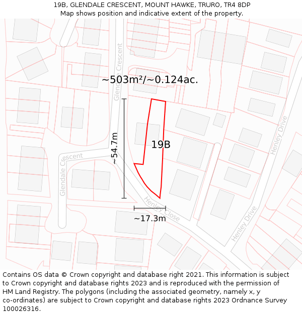 19B, GLENDALE CRESCENT, MOUNT HAWKE, TRURO, TR4 8DP: Plot and title map