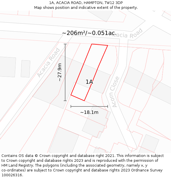 1A, ACACIA ROAD, HAMPTON, TW12 3DP: Plot and title map