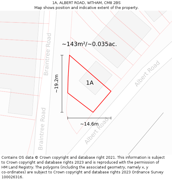 1A, ALBERT ROAD, WITHAM, CM8 2BS: Plot and title map