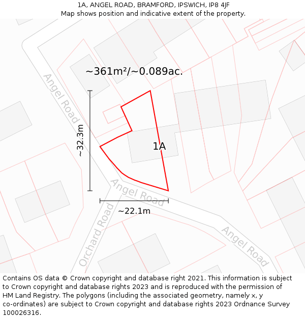 1A, ANGEL ROAD, BRAMFORD, IPSWICH, IP8 4JF: Plot and title map