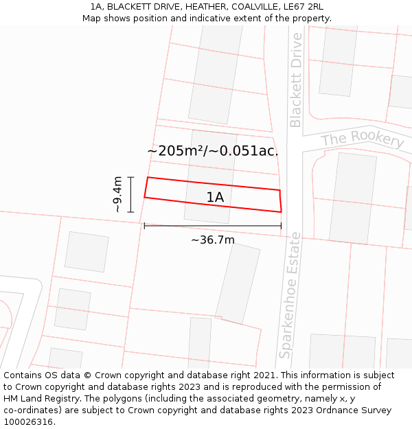 1A, BLACKETT DRIVE, HEATHER, COALVILLE, LE67 2RL: Plot and title map