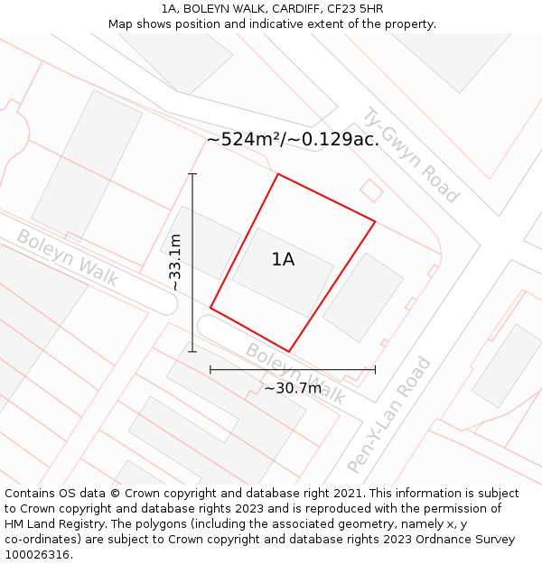 1A, BOLEYN WALK, CARDIFF, CF23 5HR: Plot and title map