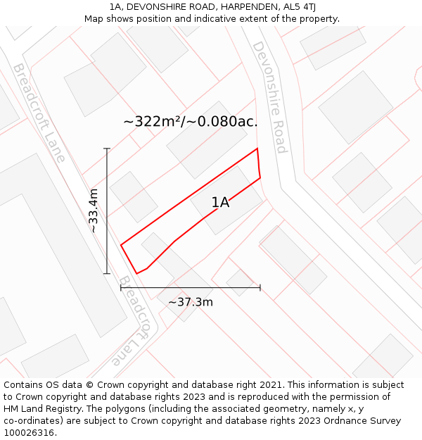1A, DEVONSHIRE ROAD, HARPENDEN, AL5 4TJ: Plot and title map