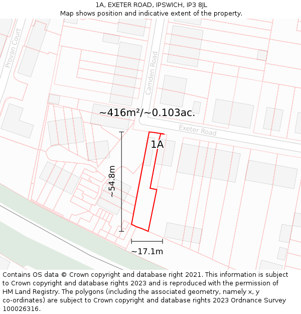1A, EXETER ROAD, IPSWICH, IP3 8JL: Plot and title map
