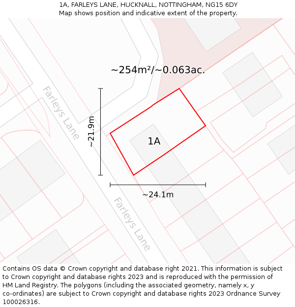 1A, FARLEYS LANE, HUCKNALL, NOTTINGHAM, NG15 6DY: Plot and title map