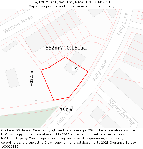 1A, FOLLY LANE, SWINTON, MANCHESTER, M27 0LF: Plot and title map