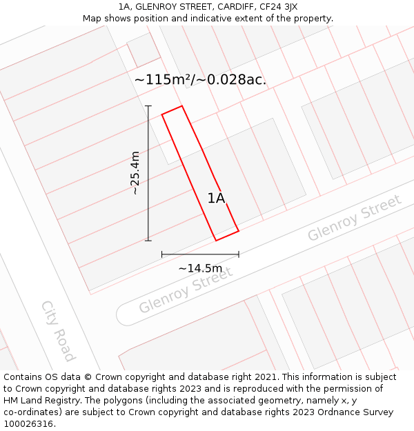 1A, GLENROY STREET, CARDIFF, CF24 3JX: Plot and title map