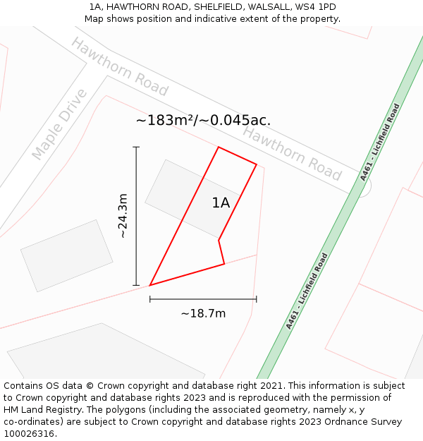 1A, HAWTHORN ROAD, SHELFIELD, WALSALL, WS4 1PD: Plot and title map