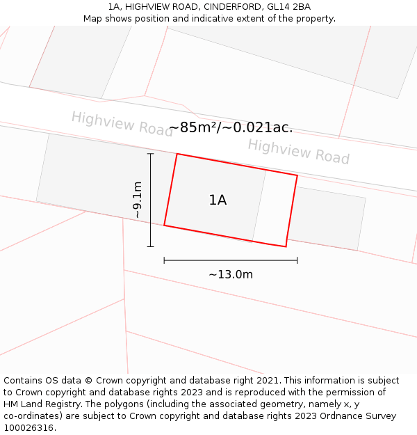 1A, HIGHVIEW ROAD, CINDERFORD, GL14 2BA: Plot and title map