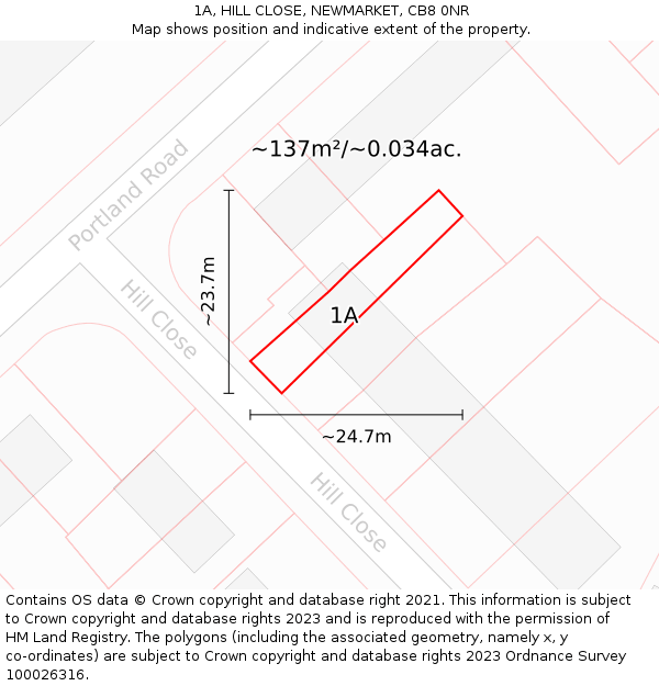 1A, HILL CLOSE, NEWMARKET, CB8 0NR: Plot and title map