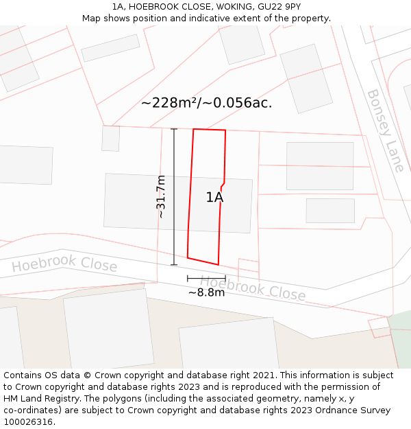 1A, HOEBROOK CLOSE, WOKING, GU22 9PY: Plot and title map