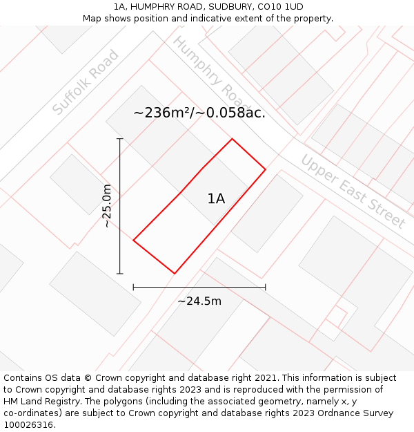 1A, HUMPHRY ROAD, SUDBURY, CO10 1UD: Plot and title map