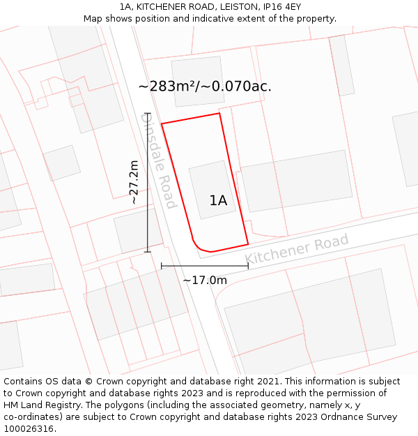 1A, KITCHENER ROAD, LEISTON, IP16 4EY: Plot and title map