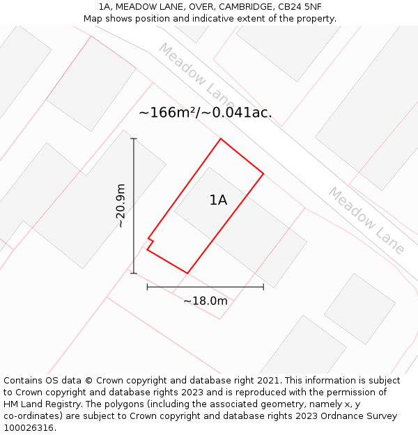 1A, MEADOW LANE, OVER, CAMBRIDGE, CB24 5NF: Plot and title map