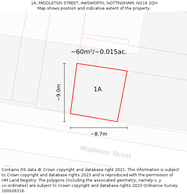 1A, MIDDLETON STREET, AWSWORTH, NOTTINGHAM, NG16 2QH: Plot and title map