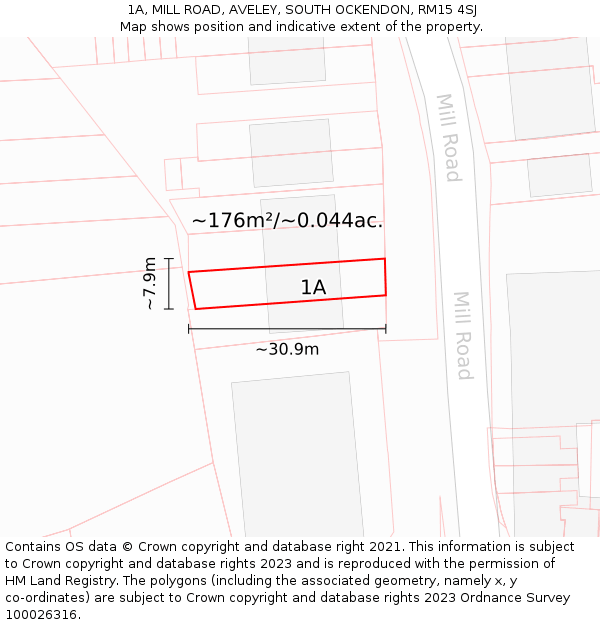1A, MILL ROAD, AVELEY, SOUTH OCKENDON, RM15 4SJ: Plot and title map