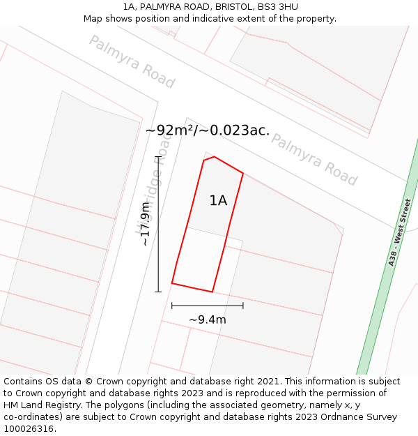 1A, PALMYRA ROAD, BRISTOL, BS3 3HU: Plot and title map