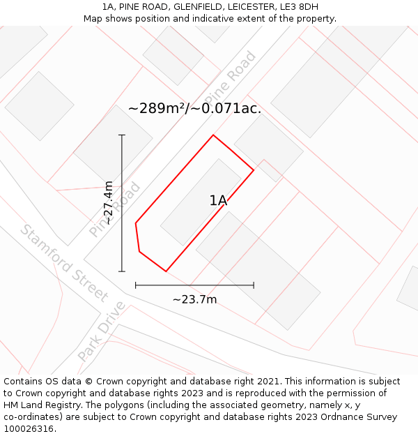 1A, PINE ROAD, GLENFIELD, LEICESTER, LE3 8DH: Plot and title map
