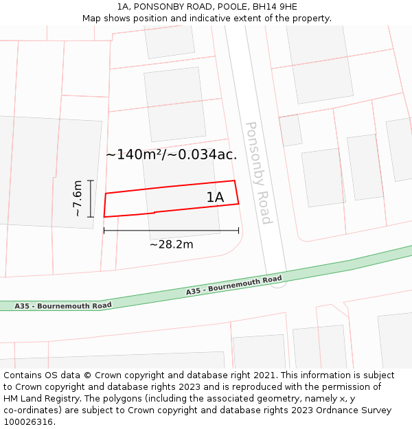 1A, PONSONBY ROAD, POOLE, BH14 9HE: Plot and title map